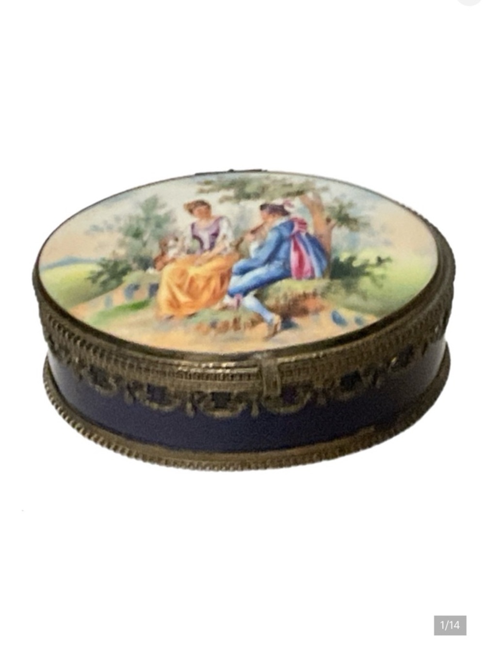 Oval Handpainted Cobalt Porcelain Box Brass/Bronze/Ormalu Trim - Czechoslovakia